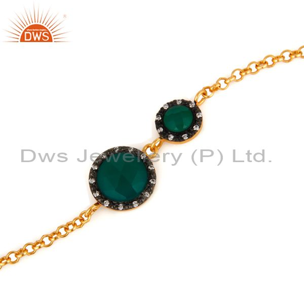 Exporter CZ & Green Onyx Gemstone Cable Link Sterling Silver Gold Plated Chain Bracelet