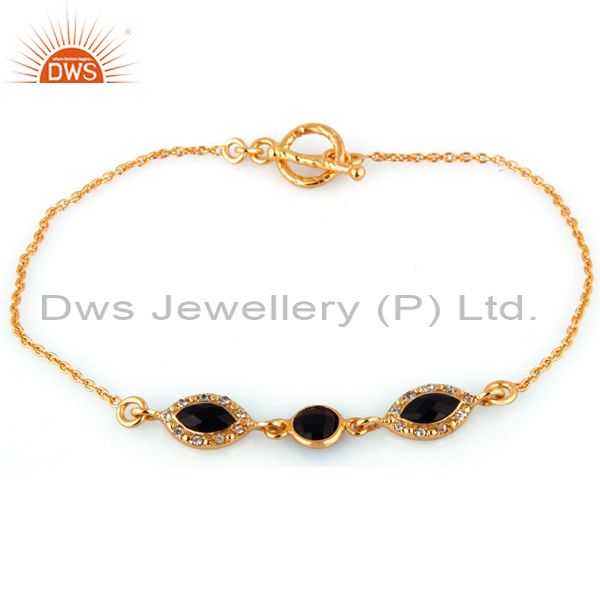 Exporter Faceted Black Onyx Sterling Silver Bracelet With White Topaz - Gold Plated