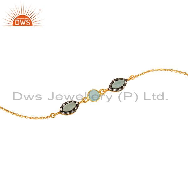 Exporter 18K Yellow Gold Plated Sterling Silver Aqua Blue Chalcedony Link Chain Bracelet