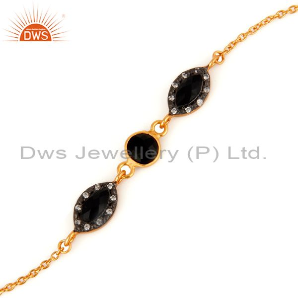 Exporter 18ct Gold Plated Plated Over Sterling Silver Black Onyx Chain Bracelet With CZ
