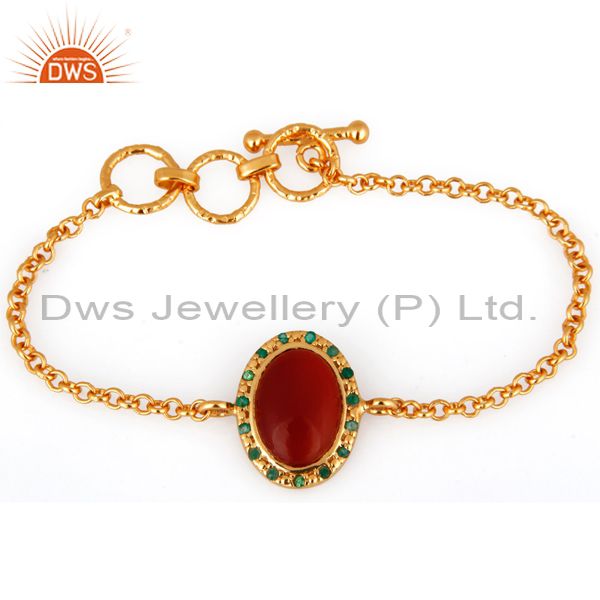 Exporter Red Onyx/Emerald Gemstone 925 Sterling Silver 18K Gold Plated Chain Bracelet