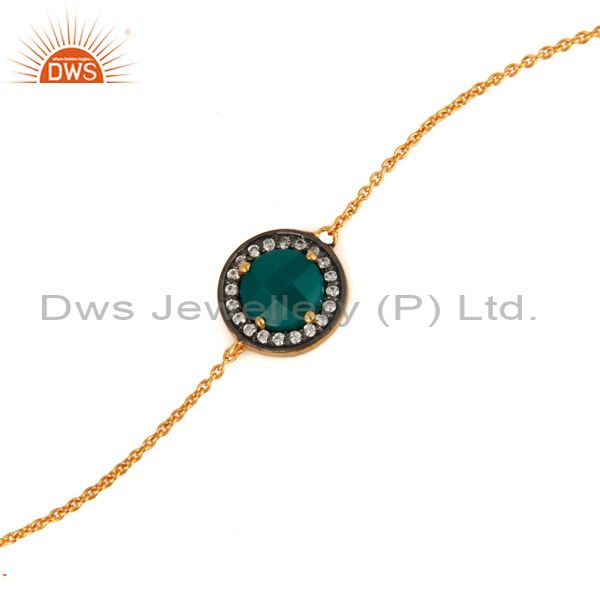 Exporter 18K Yellow Gold Plated Green Onyx Gemstone & CZ Sterling Silver Chain Bracelet