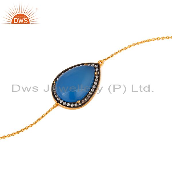 Exporter 18K Yellow Gold Plated Sterling Silver Natural Blue Chalcedony Gemstone Bracelet