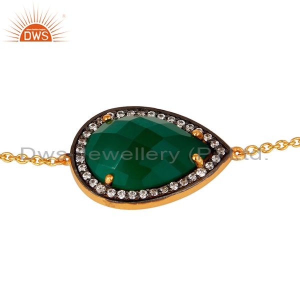 Exporter Solid 925 Silver With Gold Plated Green Onyx Gemstone Chain Bracelet With CZ