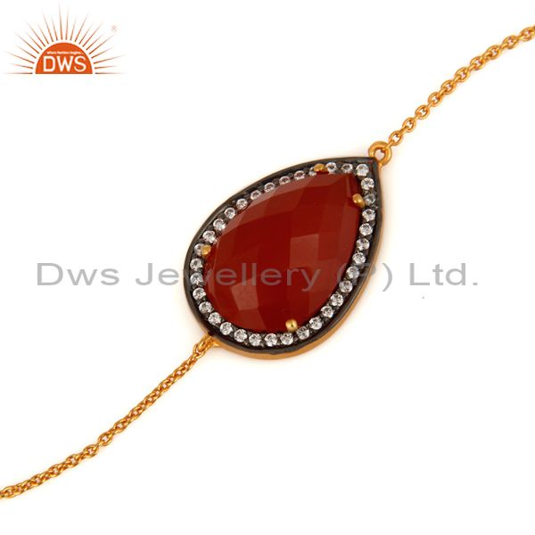 Exporter Solid Sterling Silver With Gold Plated Red Onyx Gemstone Chain Bracelet With CZ