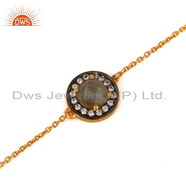Exporter Natural Labradorite Gemstone Bracelet With CZ Made In 18K Gold Over 925 Silver