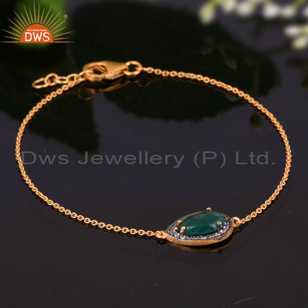 Exporter 24k Gold Over 925 Silver Natural Green Onyx Gemstone & White Zircon Bracelet