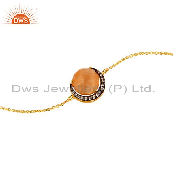 Exporter Peach Moonstone And CZ Designer Bracelet In 18K Gold Over Sterling Silver Jewelr