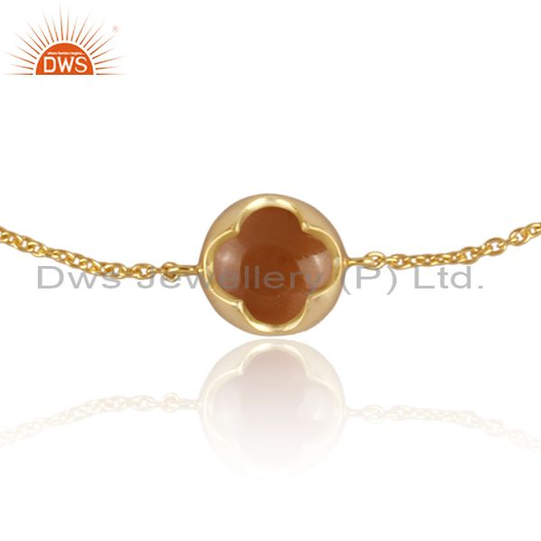Exporter 18K Yellow Gold Plated Sterling Silver Peach Moonstone Gemstone Chain Bracelet