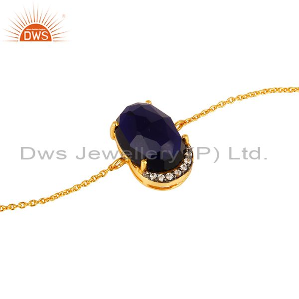 Exporter 18K Yellow Gold Plated Sterling Silver Blue Corundum And CZ Chain Bracelet