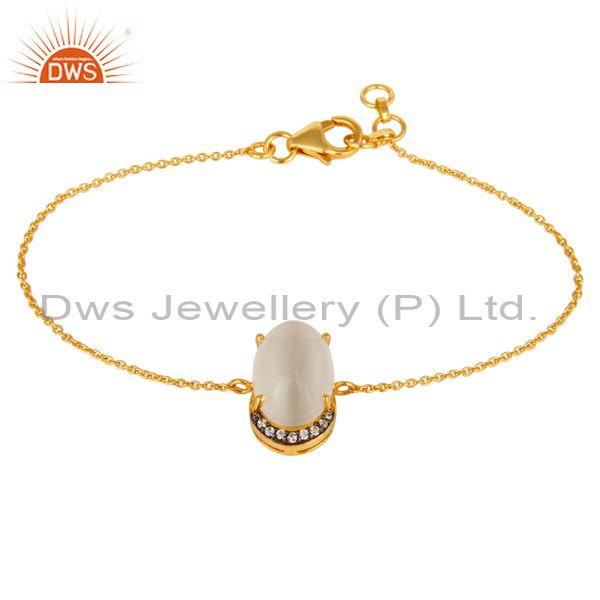 Exporter 18K Yellow Gold Plated Sterling Silver Pave CZ And Moonstone Chain Bracelet