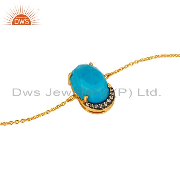 Exporter 18K Yellow Gold Plated Sterling Silver Turquoise Prong Set Bracelet With CZ