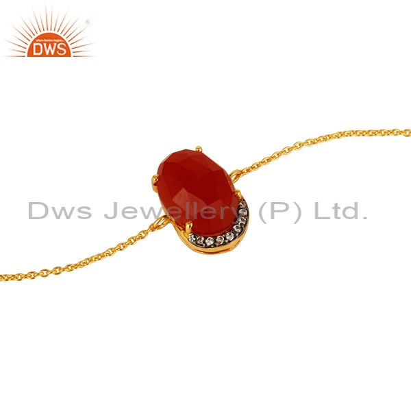 Exporter 18K Gold Plated Sterling Silver Red Onyx Gemstone Chain Bracelet With CZ