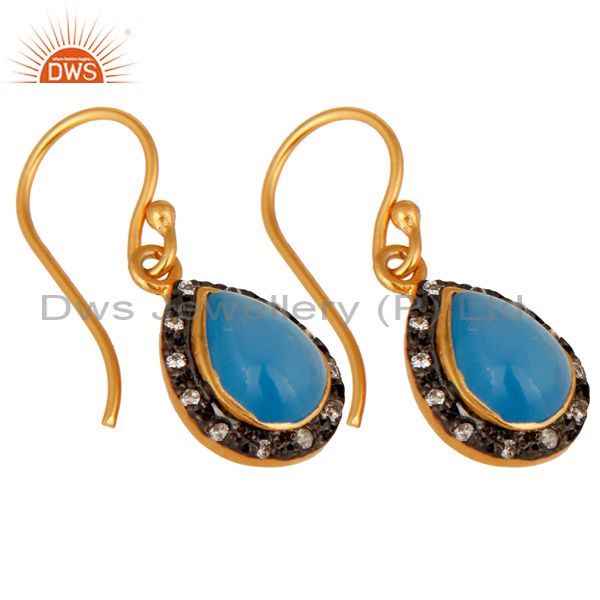 Exporter Natural Blue Chalcedony Gemstone Sterling Silver Dangle Earring With Gold Vermei