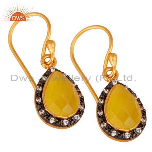 Exporter Faceted Yellow Moonstone Plated Gold or Sterling Silver Drop Earrings With CZ