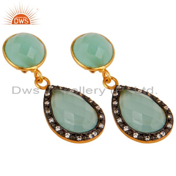 Exporter 18K Gold Over Sterling Silver CZ And Blue Aqua Glass Gemstone Drop Earrings