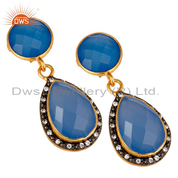 Exporter 18K Yellow Gold Plated Sterling Silver Blue Chalcedony Drop Earrings With CZ