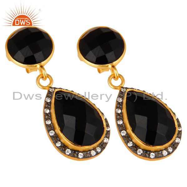 Exporter 18K Yellow Gold Plated Sterling Silver Black Onyx Drop Earrings With CZ