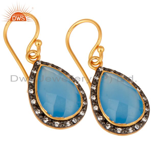 Exporter 22K Gold Plated 925 Sterling Silver Aqua Chalcedony Gemstone Earring With CZ