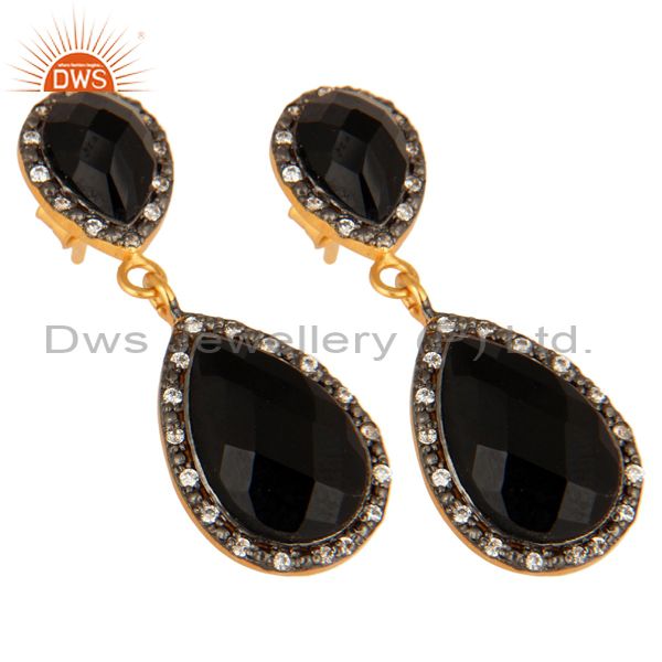 Exporter Natural Black Onyx Gemstone Drop Earrings With 18K Gold Over Sterling Silver
