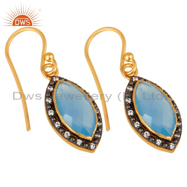 Exporter 18K Yellow Gold Plated Sterling Silver Blue Chalcedony Dangle Earrings With CZ