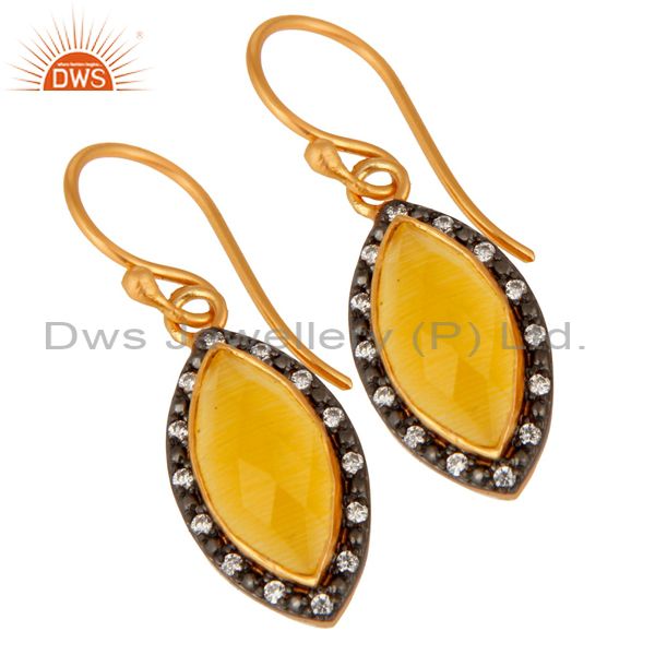 Exporter Gold Plated Sterling Silver Yellow Moonstone And Cubic Zirconia Dangle Earrings