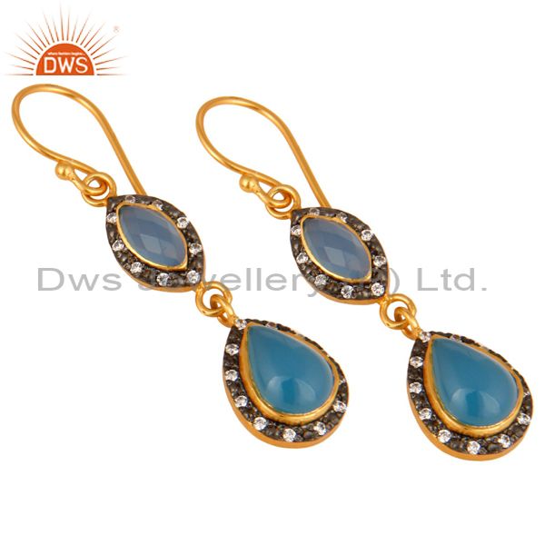 Exporter Aqua Blue Chalcedony Gemstone Dangle Earrings in 18K Gold Over Sterling Silver