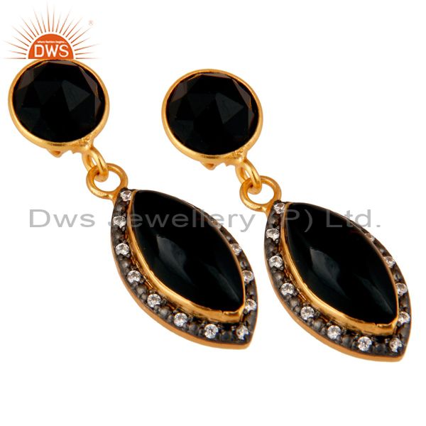 Exporter Natural Black Onyx Gold Plated 925 Solid Silver Dangle Earrings With White CZ