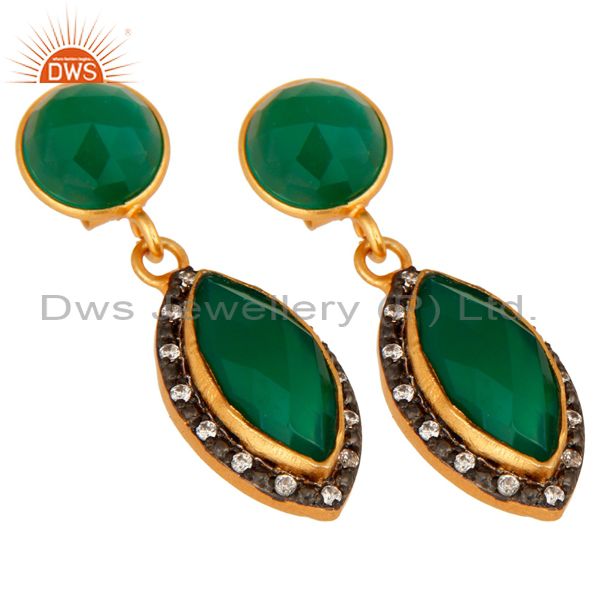 Exporter Natural Green Onyx Gold Plated 925 Solid Silver Dangle Earrings With CZ