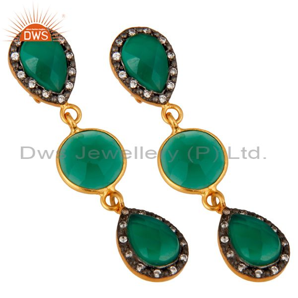 Exporter Natural Green Onyx 925 Sterling Silver Yellow Gold Plated CZ Dangle Earrings