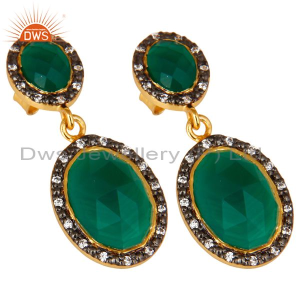 18K Yellow Gold Plated Sterling Silver Green Onyx And CZ Double Dangle Earrings
