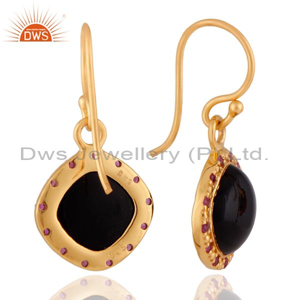 Exporter 18K Gold Plated Natural Black Onyx 925 Sterling Silver Ruby Gemstone Earrings