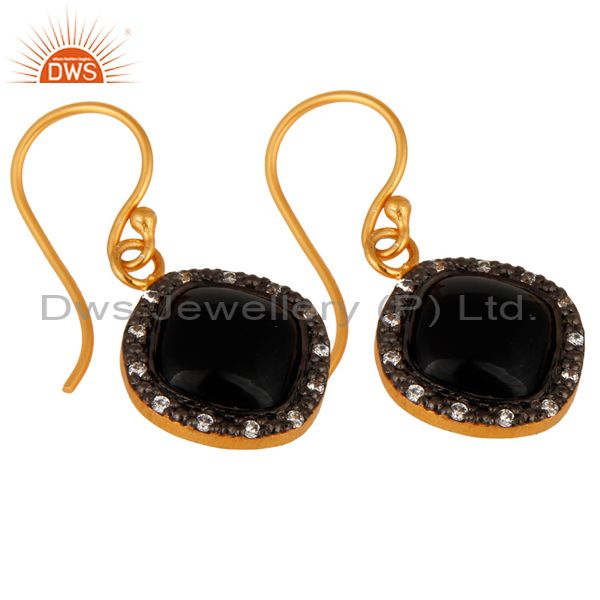 Exporter Natural Black Onyx Gemstone Hook Earrings Made In 24K Gold Over Sterling Silver