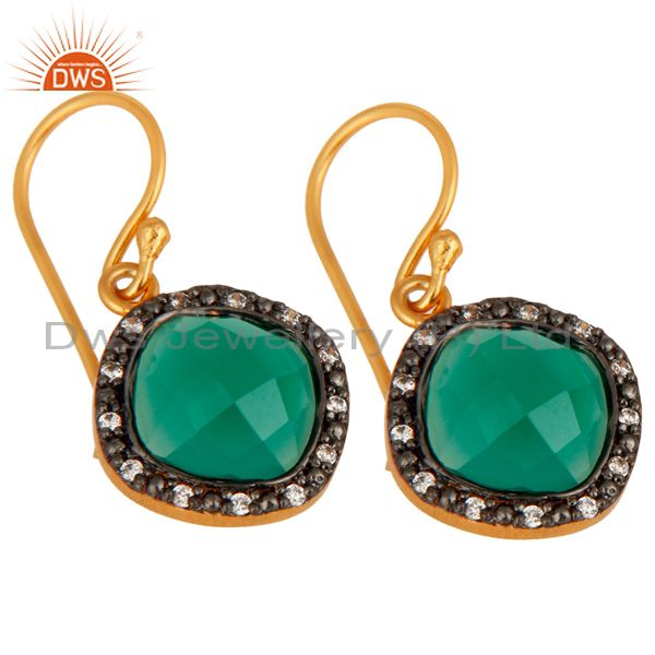 Exporter 24K Gold Plated Over 925 Sterling Silver Green Onyx Gemstone Earring With CZ