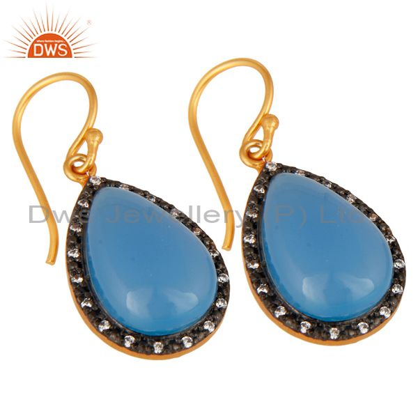 Exporter 925 Sterling Silver Natural Blue Chalcedony Cabochon Gemstone Earrings With CZ