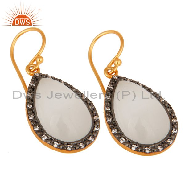 Exporter 18K Yellow Gold Plated Sterling Silver White Moonstone & Cubic Zirconia Earrings