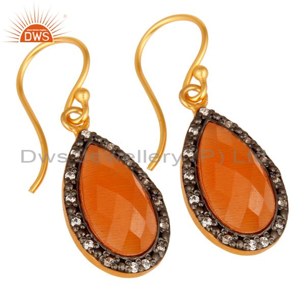 Exporter Faceted Peach Moonstone Teardrop Earrings With CZ In 18K Gold On Sterling Silver
