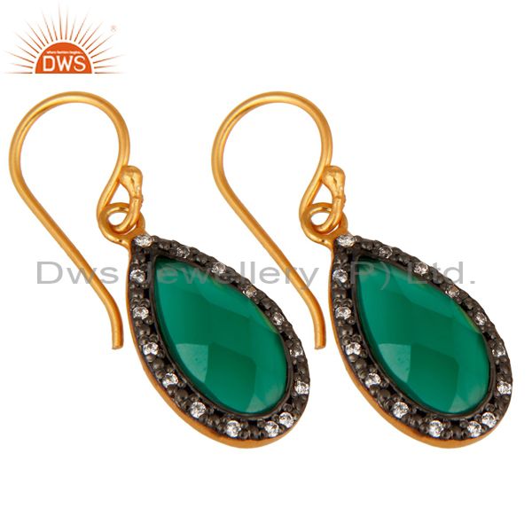 Exporter 18K Gold Plated 925 Sterling Silver Green Onyx Gemstone Drop Earring With CZ