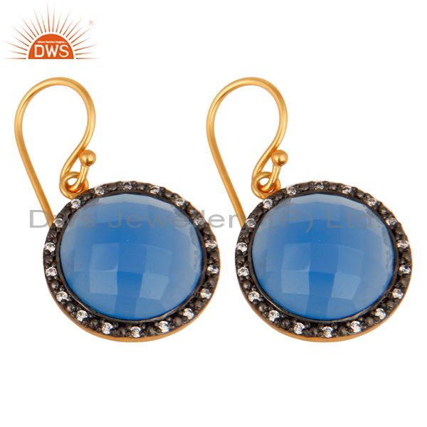Exporter 18K Gold Plated Sterling Silver Blue Chalcedony Faceted Gemstone Bridal Earrings