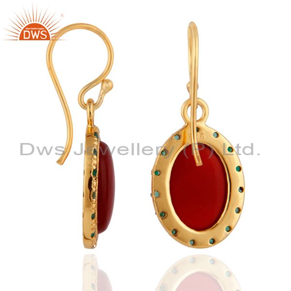 Exporter 925 Sterling Silver Red Onyx 18K Gold Plated Emerald Gemstone Dangle Earrings