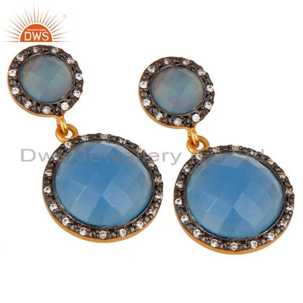 Exporter Handmade Blue Chalcedony Gemstone Earring Made In 18K Gold Over Sterling Silver