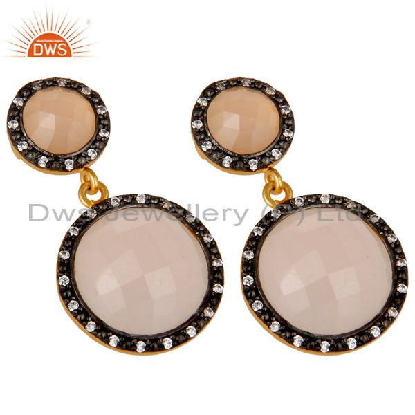 Exporter 18K Gold Plated Sterling Silver Rose Chalcedony Double Drop Earrings With CZ
