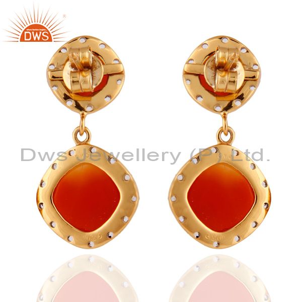 Exporter Red Onyx Gemstone & White Topaz 925 Sterling Silver Dangle Earrings Gold Plated