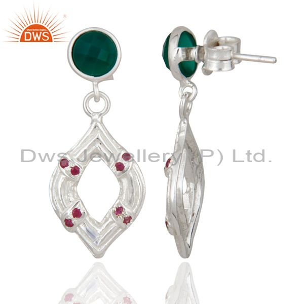 Exporter Handmade 925 Sterling Silver Ruby & Green Onyx Gemstone Dangle Earrings