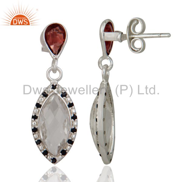 Exporter New 925 Sterling Silver Garnet Crystal Quartz & Blue Sapphire Gemstone Earrings