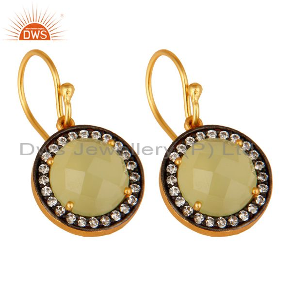 Exporter Green Chalcedony Gemstone Pave CZ Sterling Silver Earrings With Gold Plated
