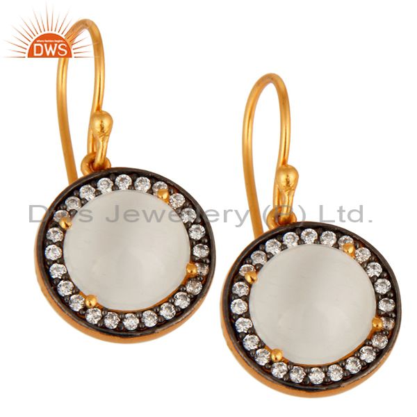 Exporter 18K Yellow Gold Plated 925 Sterling Silver White Moonstone & CZ Hook Earrings
