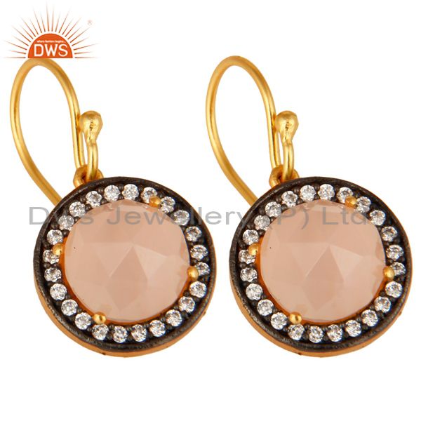 Exporter Rose Chalcedony & Cubic Zirconia 18K Gold Plated Sterling Silver Dangle Earrings