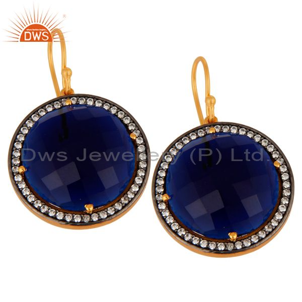 Exporter Blue Corundum & White Zircon 925 Sterling Silver Faceted Round Gemstone Earrings