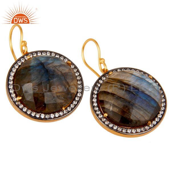 Exporter Labradorite Gemstone Earring With CZ Made In 18K Gold Over Solid 925 Silver